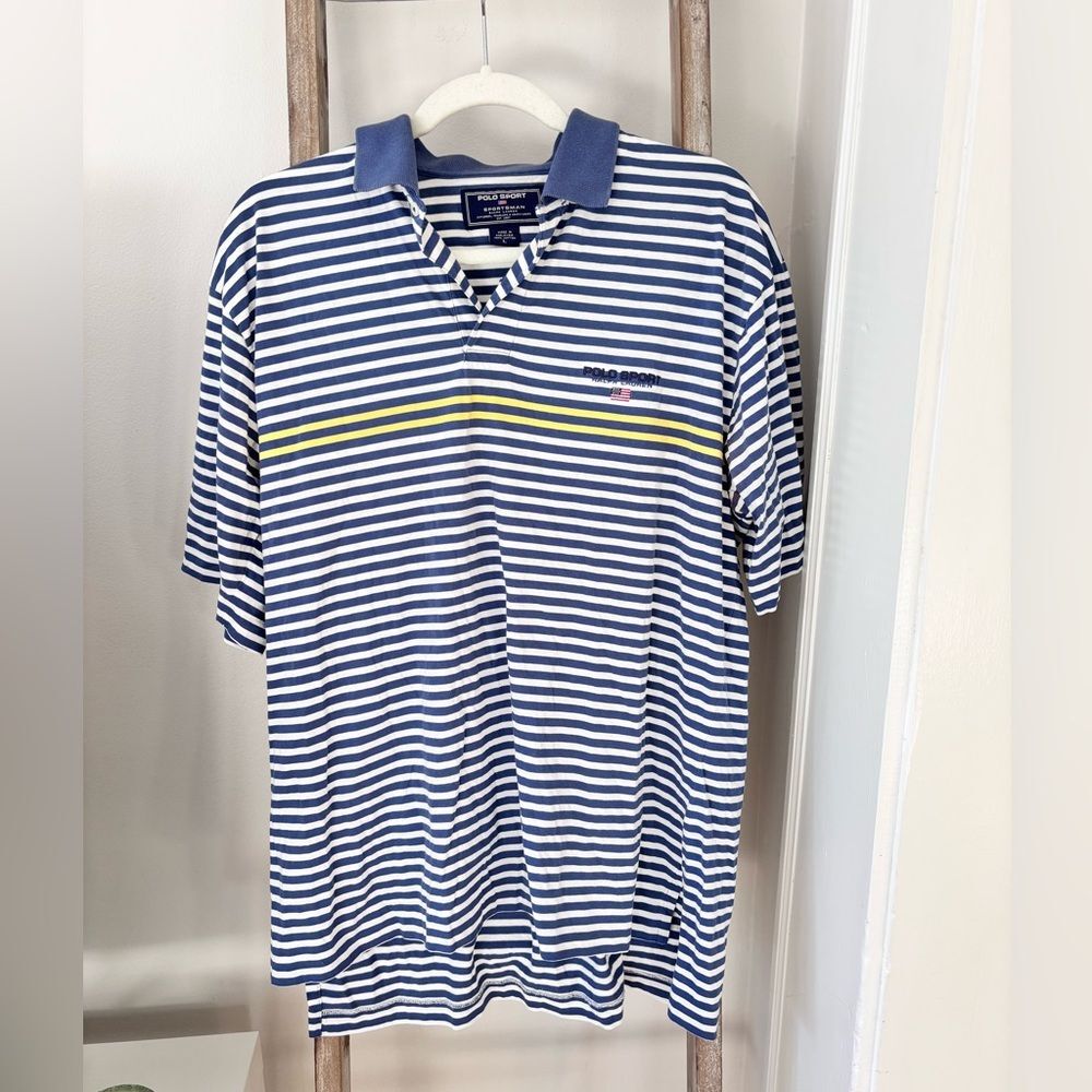 Vintage 90s / Y2K Ralph Lauren Blue and White Striped Polo Shirt